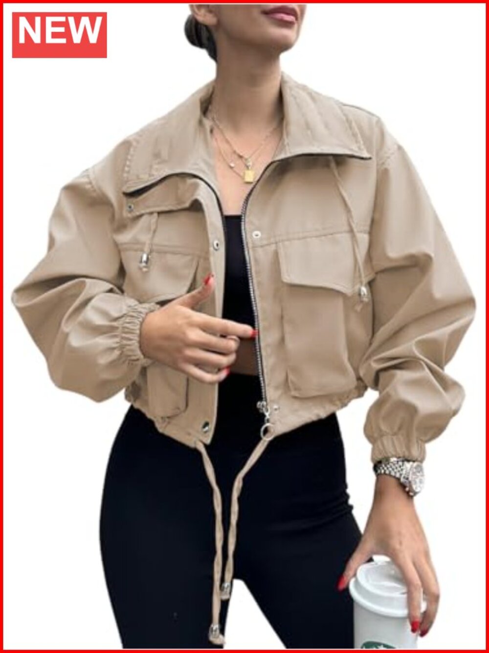 Women's Cropped Zip Up Utility Anorak Jacket Lightweight Oversized with Pockets